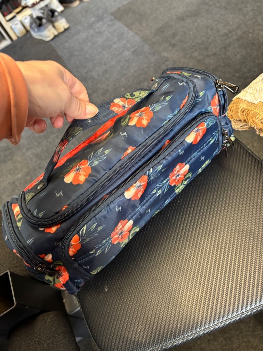 lug Navy Floral Cosmetic Pouch with Orange Hibiscus Print